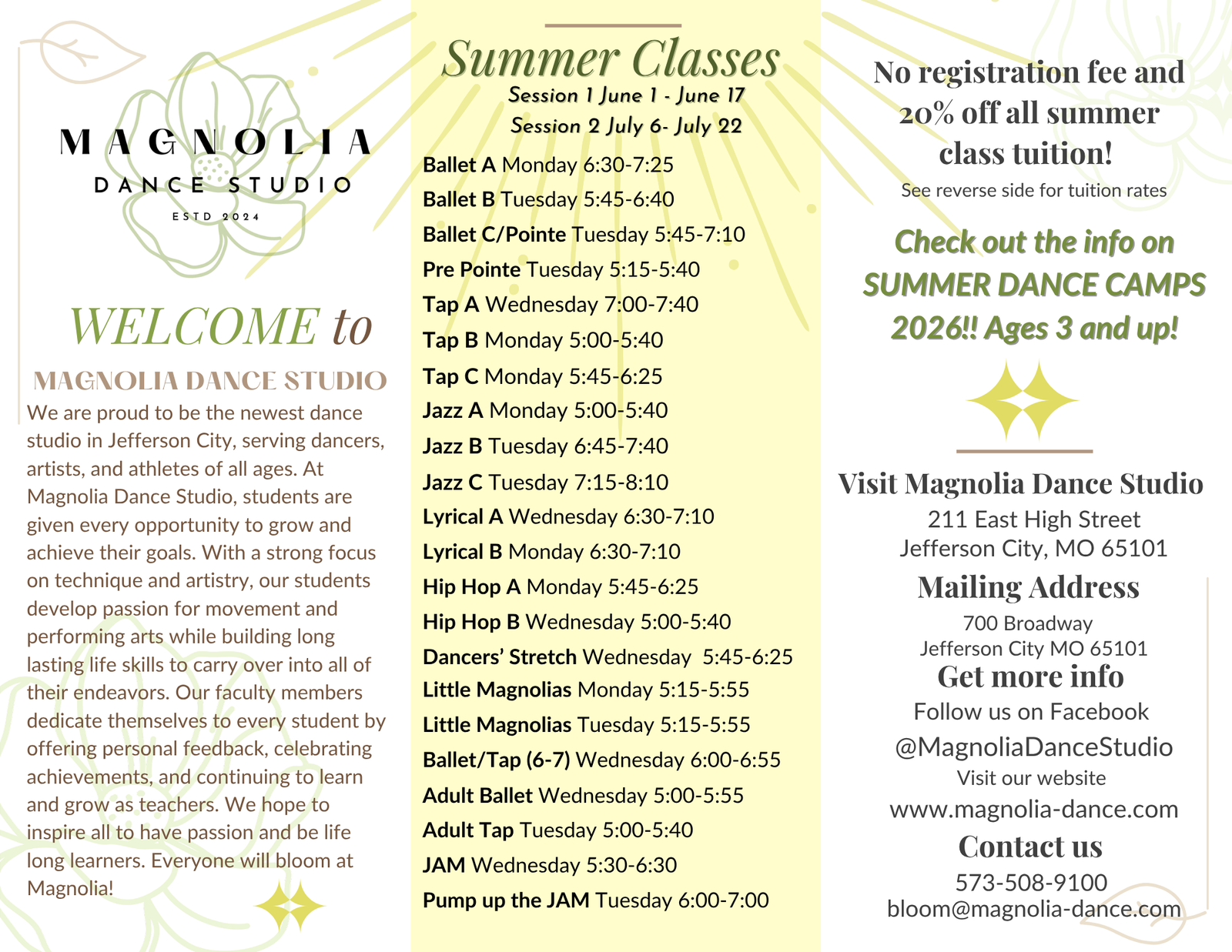 Summer Classes brochure page 1
